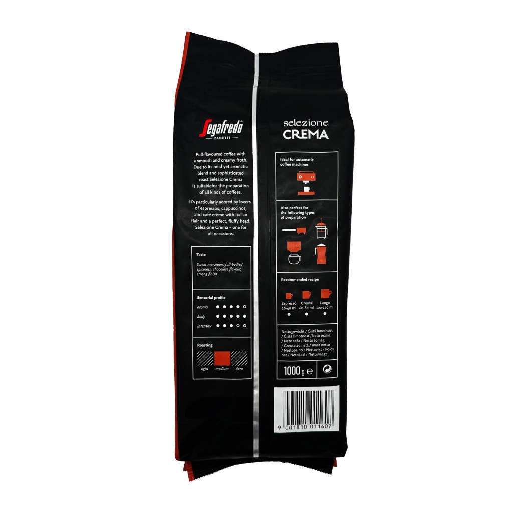Achteraanzicht van een kilo zak koffiebonen van het merk Segafredo Selezione Crema