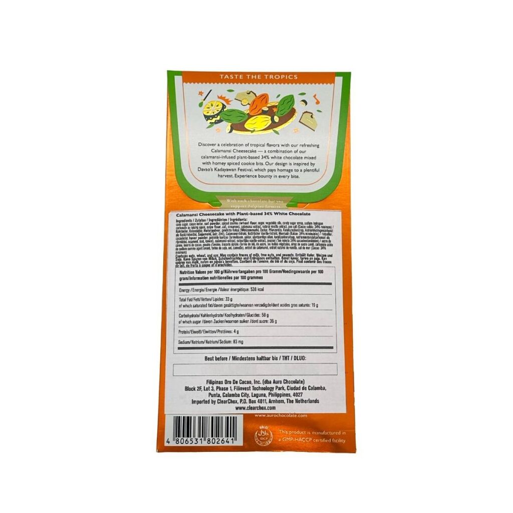 The back of the packaging of an Auro chocolate bar in calamansi cheesecake flavour