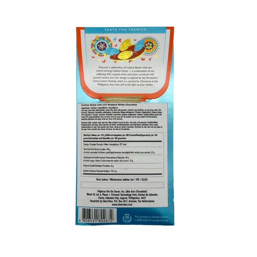 The back of the packaging of an Auro cashew dulce flavoured chocolate bar