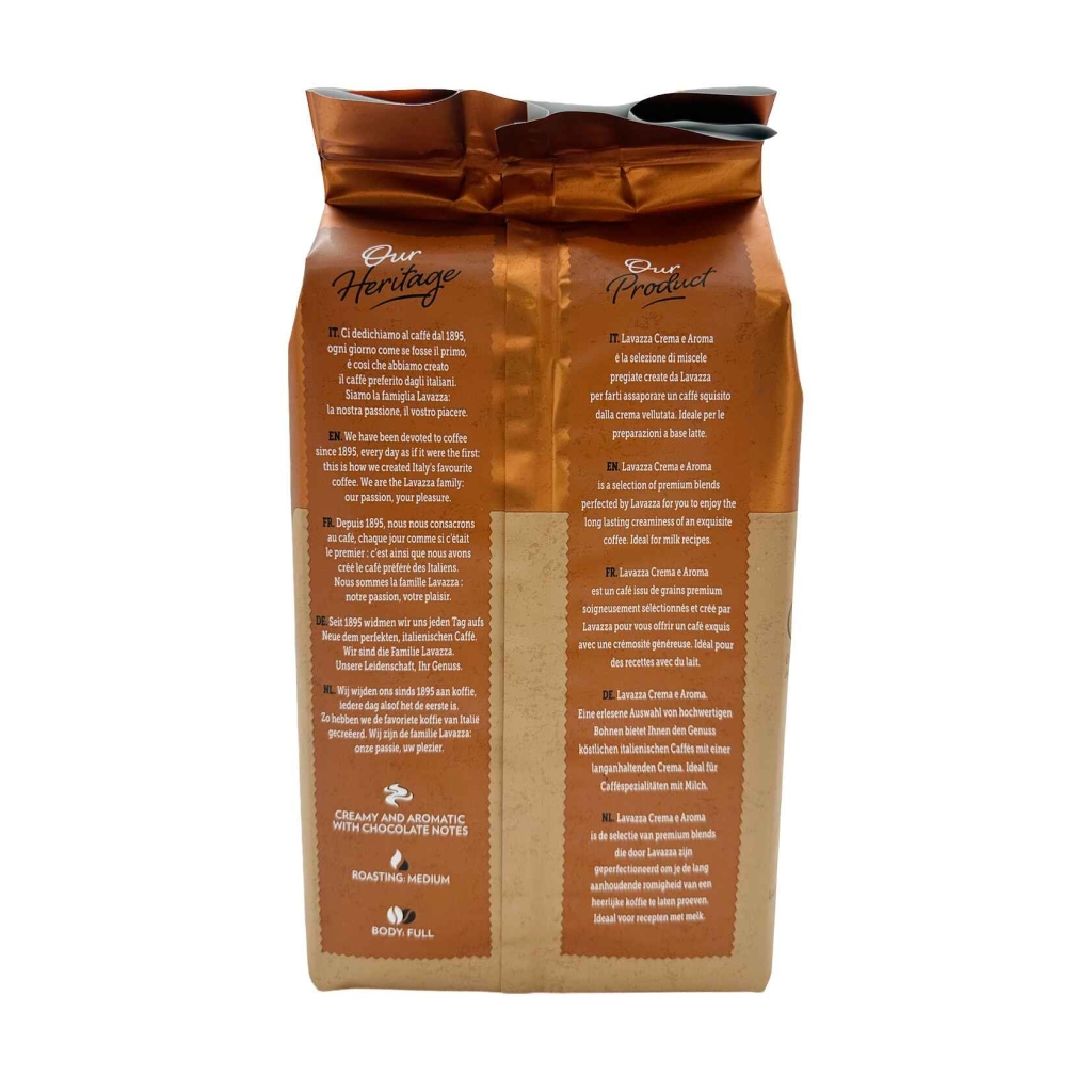 Achterzijde van een zak Lavazza Crema e Aroma Koffiebonen van 1 kilo