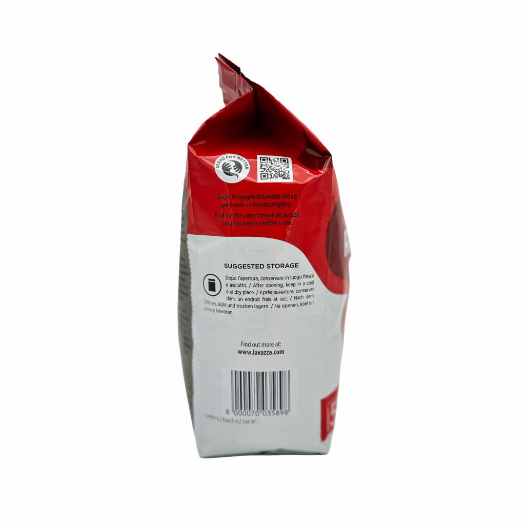 De zijkant van een kilozak koffiebonen van het merk Lavazza Qualita Rossa