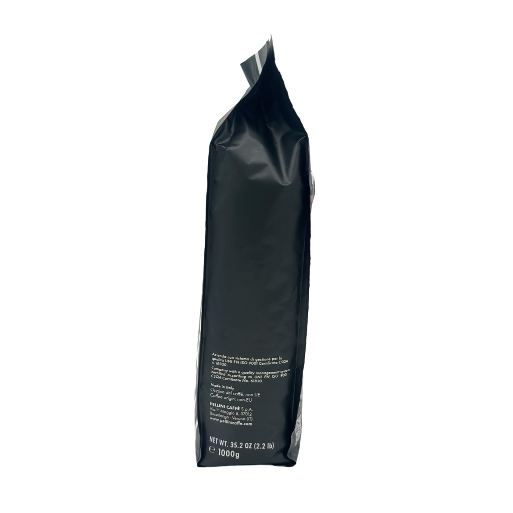 rechter zijkant van een kilozak koffie van het merk Pellini no.9 Cremoso blend Morbido e speziato
