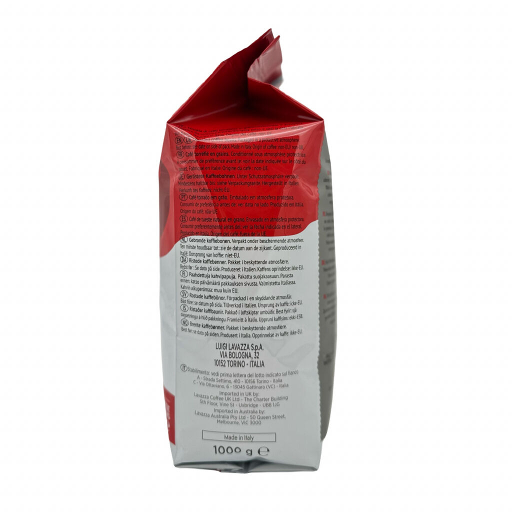 De zijkant van een kilozak koffiebonen van het merk Lavazza Qualita Rossa