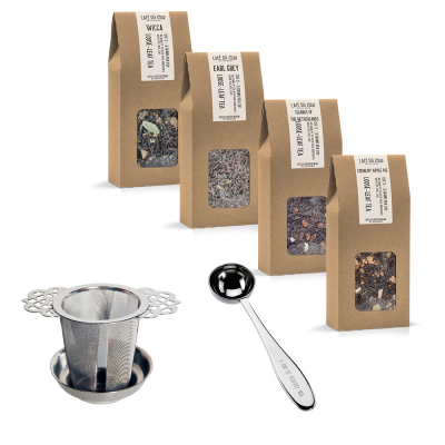 Loose tea starter pack - 4 x 100g loose tea with tea strainer and measuring spoon
